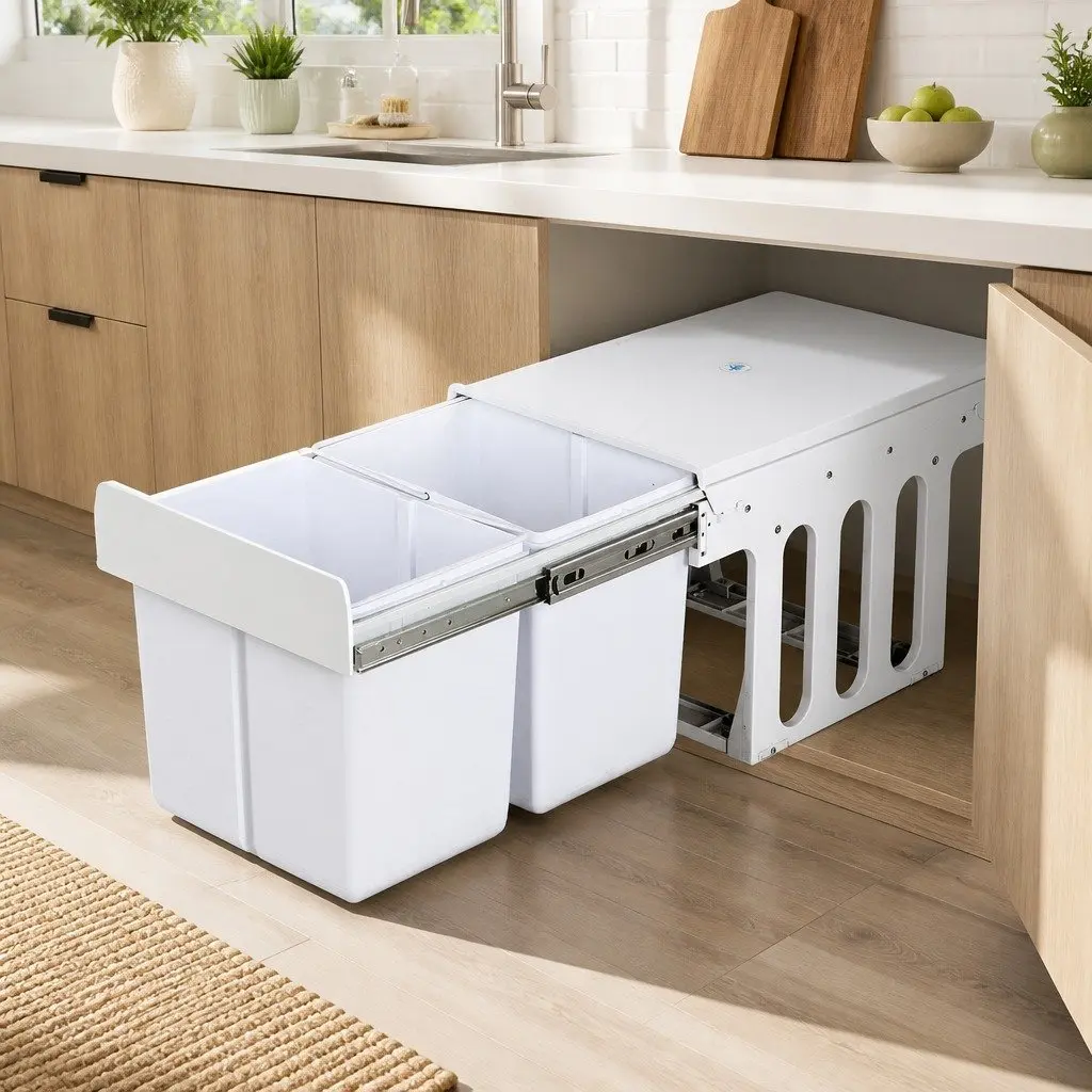 Pull Out Kitchen Waste Bin Double Compartment 2x15L Sliding Cabinet Organiser