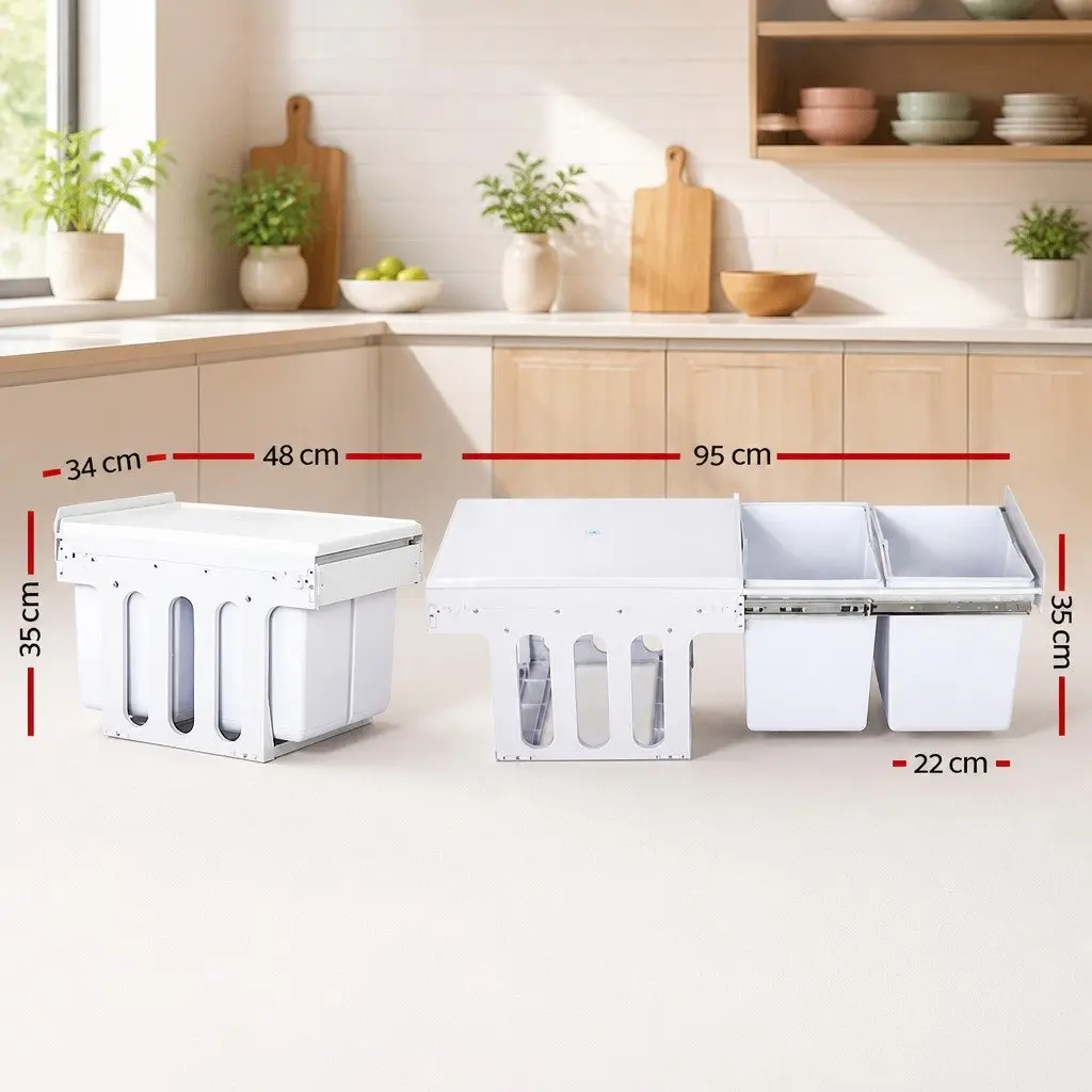 Pull Out Kitchen Waste Bin Double Compartment 2x15L Sliding Cabinet Organiser