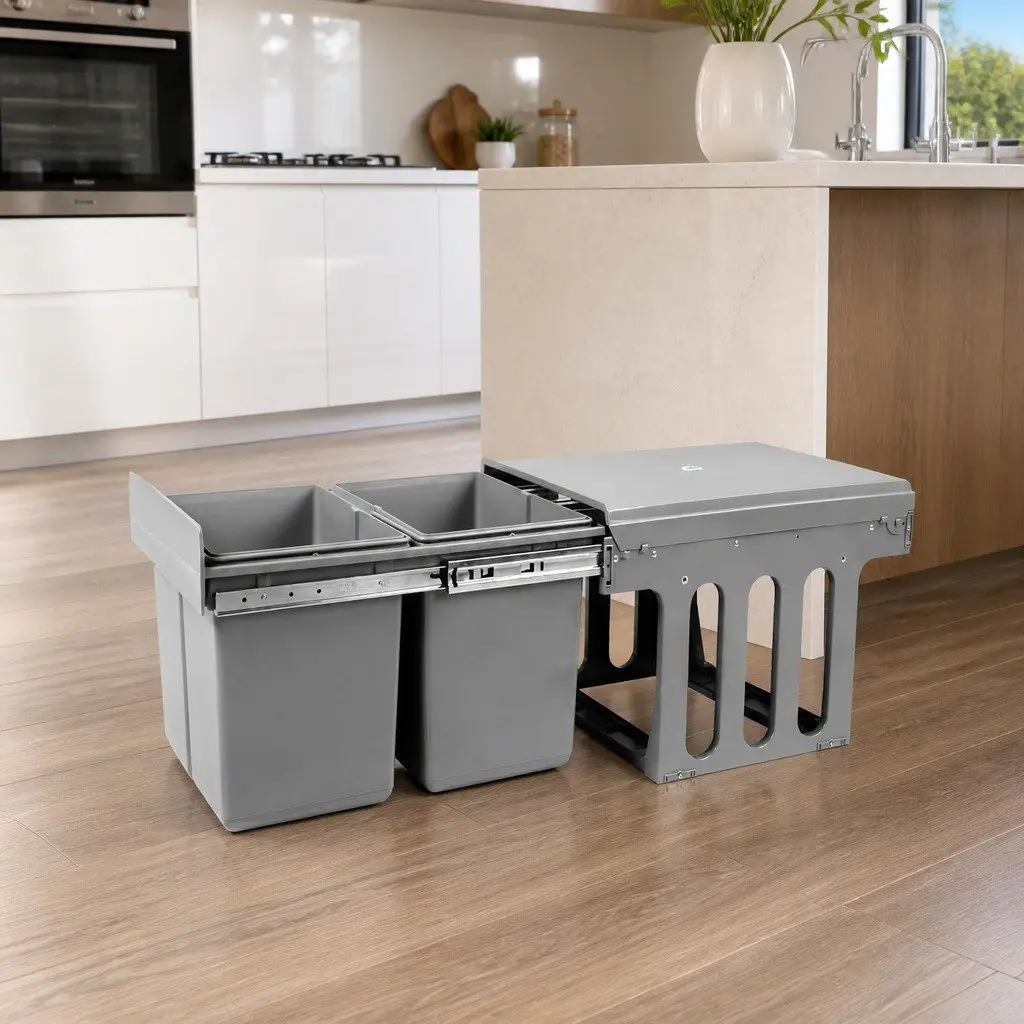 Double Basket Pull-Out Waste Bin 2x15L Grey