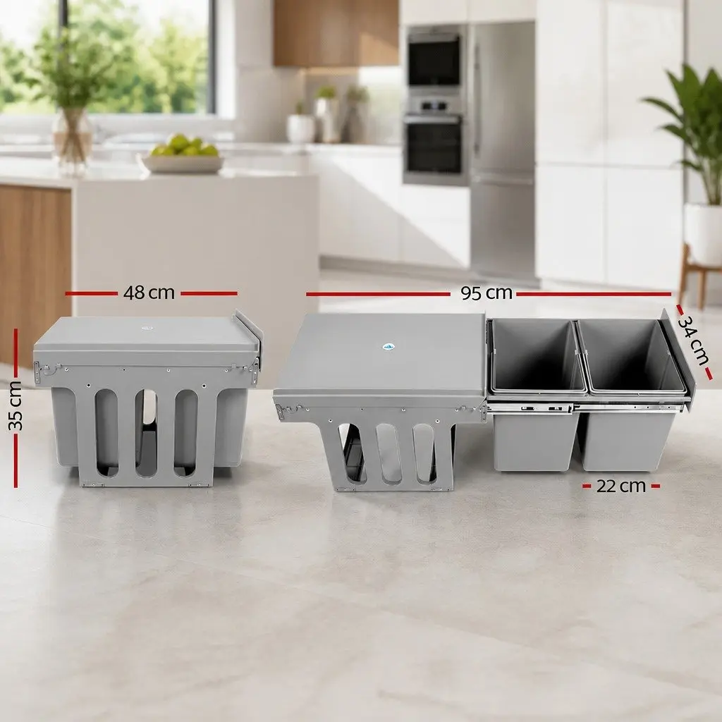 Double Basket Pull-Out Waste Bin 2x15L Grey
