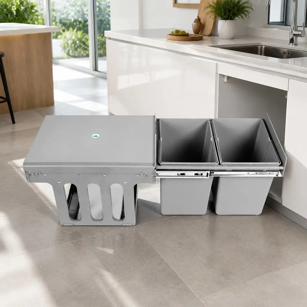 Double Basket Pull-Out Waste Bin 2x15L Grey