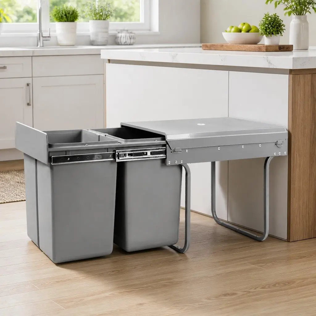 Grey Double Basket Pull Out Kitchen Bin 2x20L