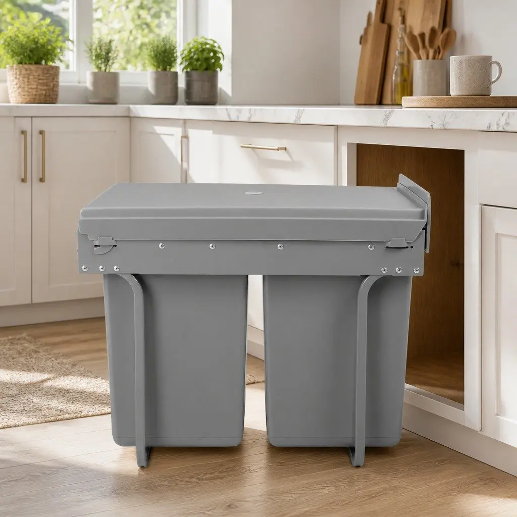 Grey Double Basket Pull Out Kitchen Bin 2x20L