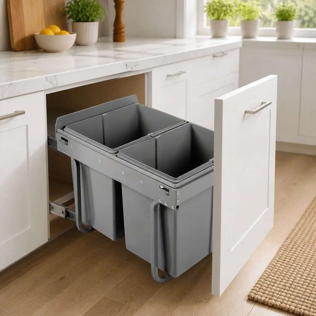 Grey Double Basket Pull Out Kitchen Bin 2x20L