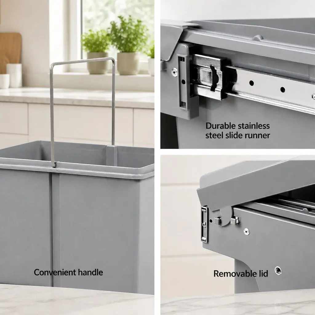 Grey Double Basket Pull Out Kitchen Bin 2x20L
