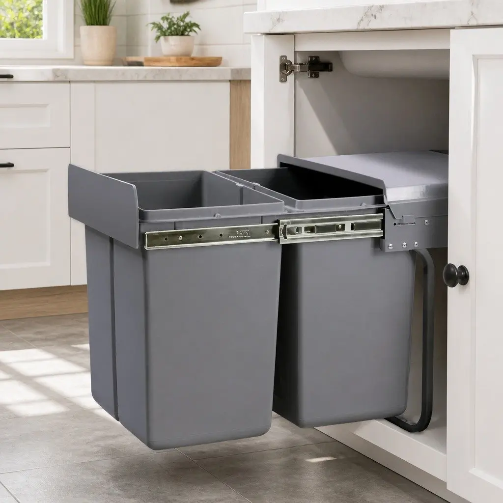 Grey Double Basket Pull Out Kitchen Bin 2x20L