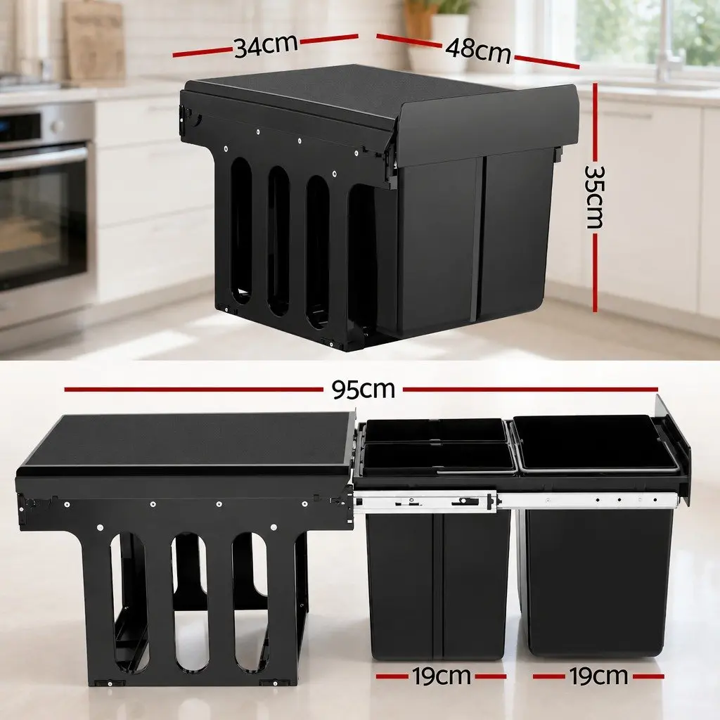 Pull Out Bin Kitchen Triple Slide Garbage Rubbish Waste Basket Black 31L