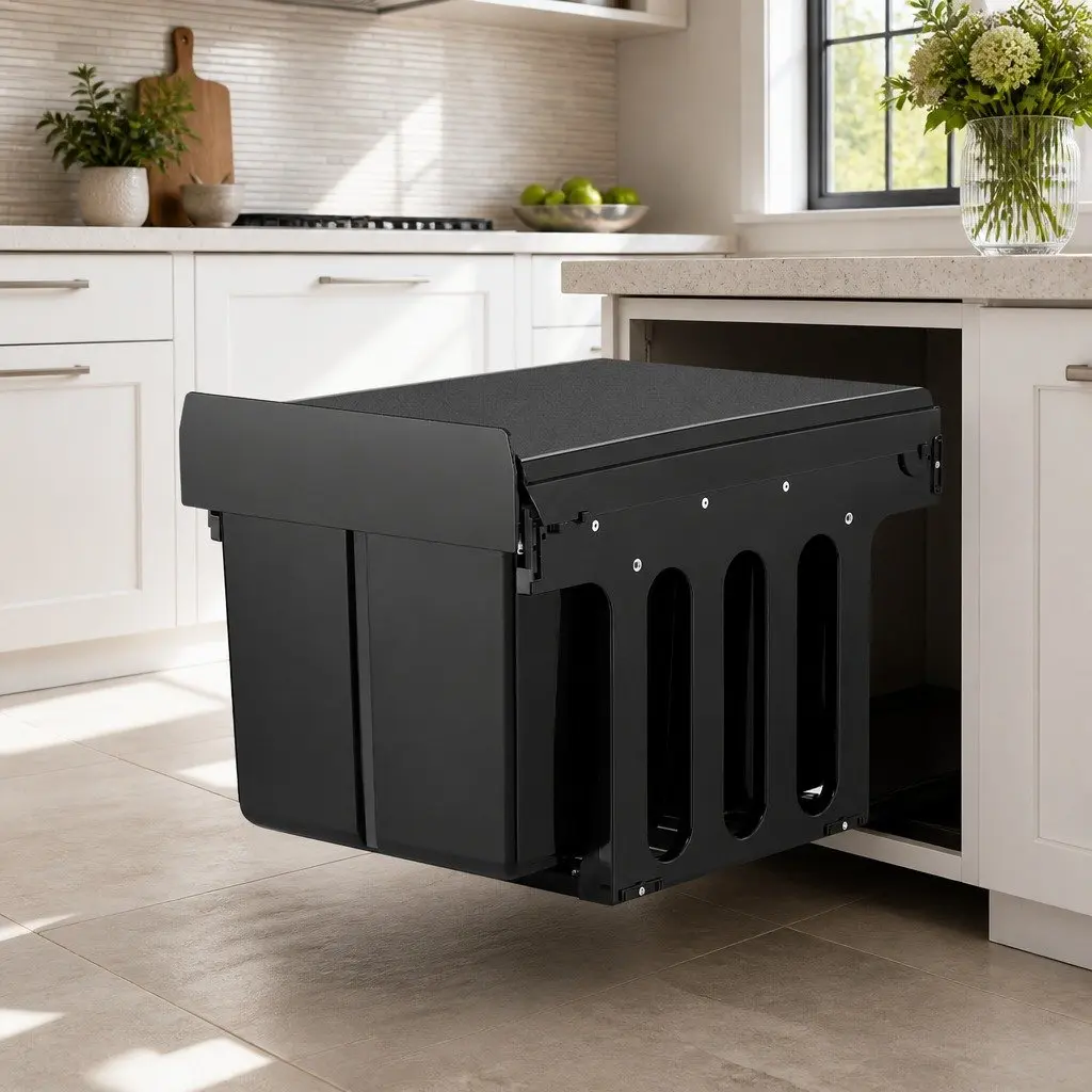 Pull Out Bin Kitchen Triple Slide Garbage Rubbish Waste Basket Black 31L