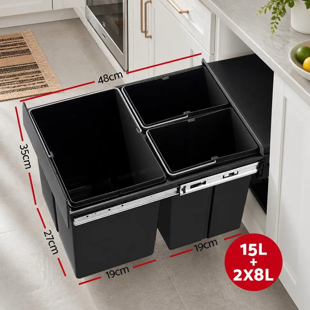 Pull Out Bin Kitchen Triple Slide Garbage Rubbish Waste Basket Black 31L