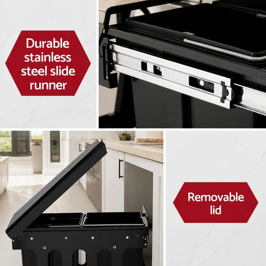 Pull Out Bin Kitchen Triple Slide Garbage Rubbish Waste Basket Black 31L