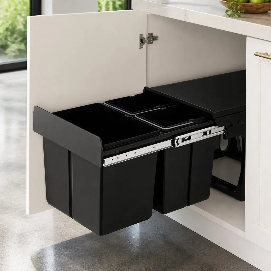 Pull Out Bin Kitchen Triple Slide Garbage Rubbish Waste Basket Black 31L