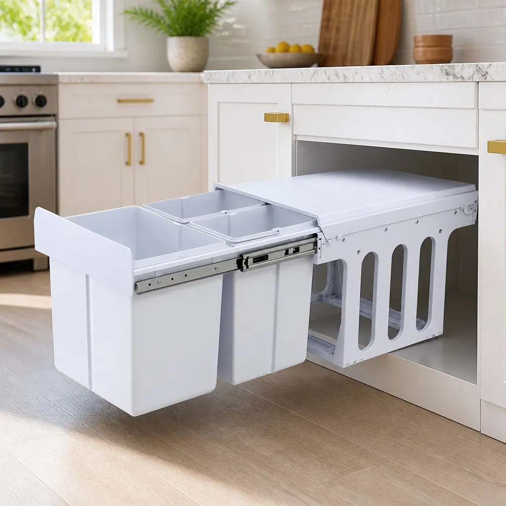Pull-Out Kitchen Bin System with Triple Compartments
