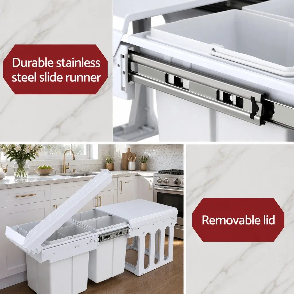 Pull Out Bin Kitchen Waste Bins Steel ABS Polypropylene White 31L