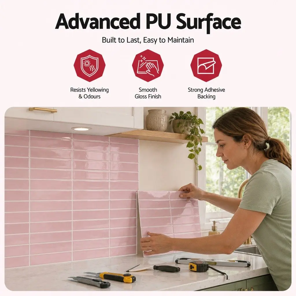 3D Peel and Stick Wall Tiles Vinyl 30.5 x 30.5 cm Pink LinearGrid Subway Backsplash