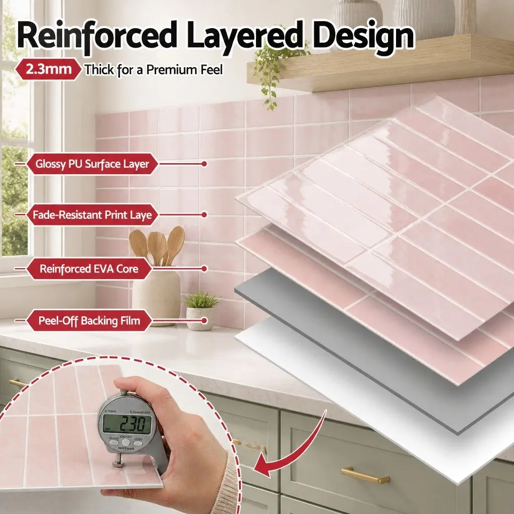 3D Peel and Stick Wall Tiles Vinyl 30.5 x 30.5 cm Pink LinearGrid Subway Backsplash