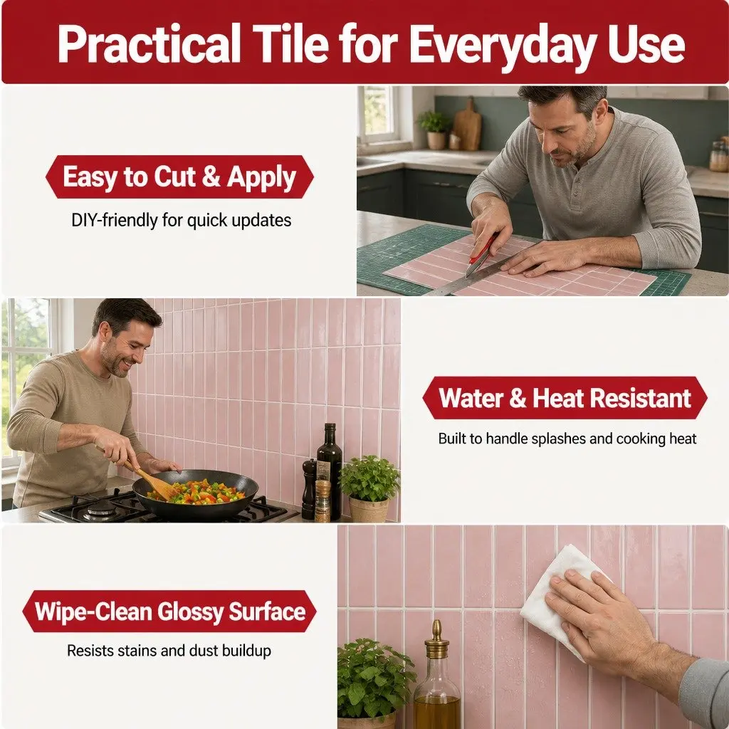 3D Peel and Stick Wall Tiles Vinyl 30.5 x 30.5 cm Pink LinearGrid Subway Backsplash