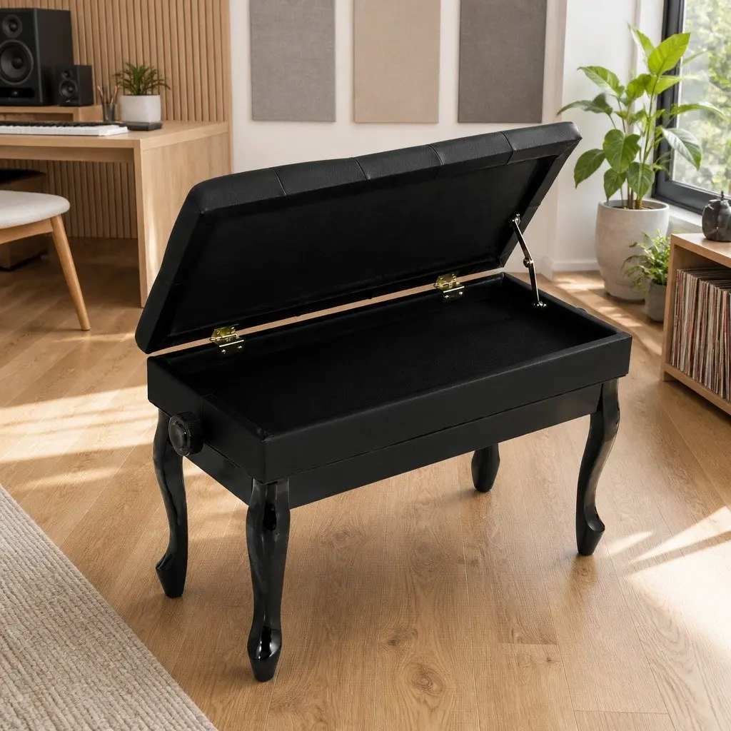 Piano Bench Stool PU Leather Oak Wood Adjustable Height Storage Black