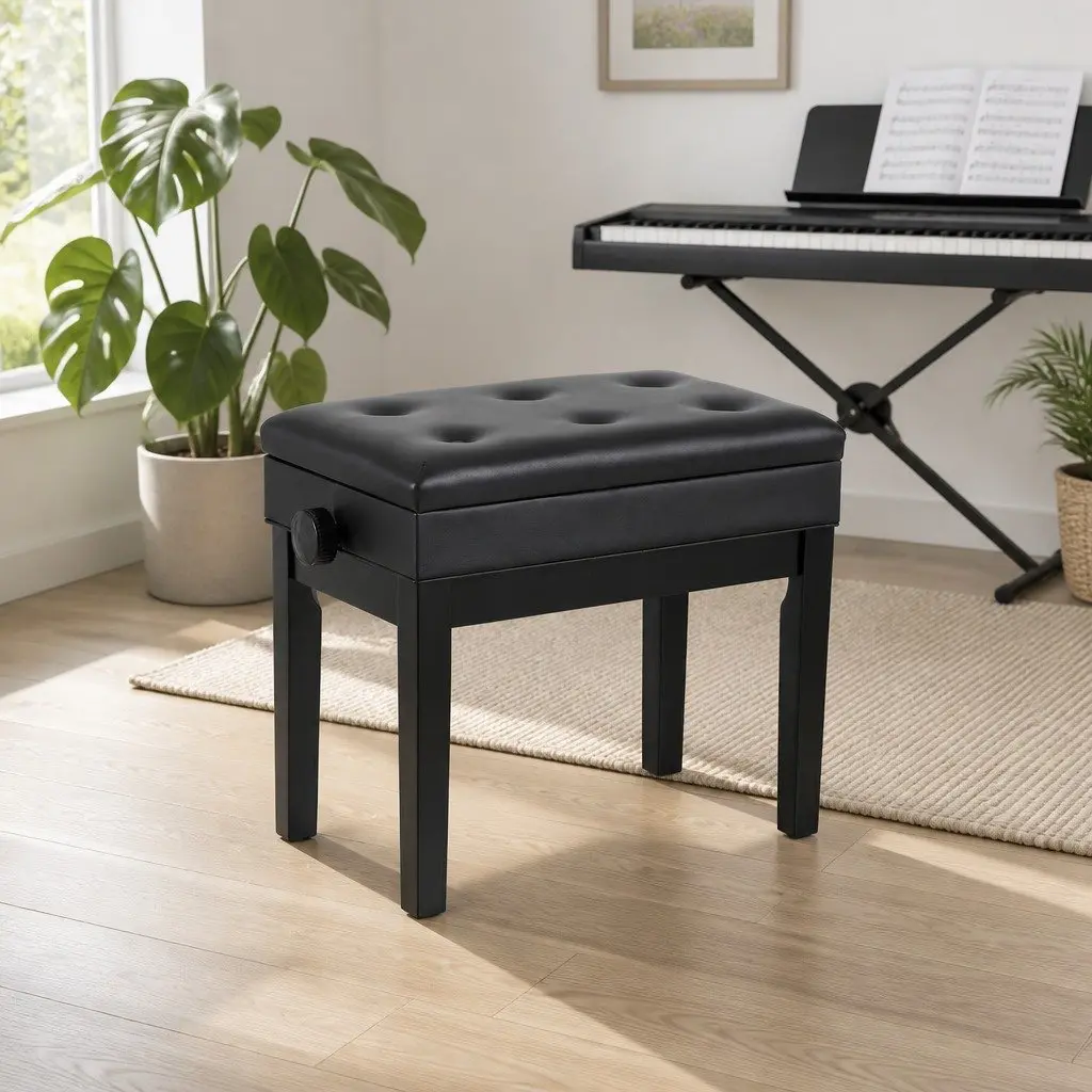 Piano Bench Wooden Adjustable Height Black Padded Music Chair with Storage