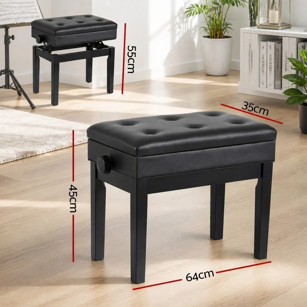 Piano Bench Wooden Adjustable Height Black Padded Music Chair with Storage