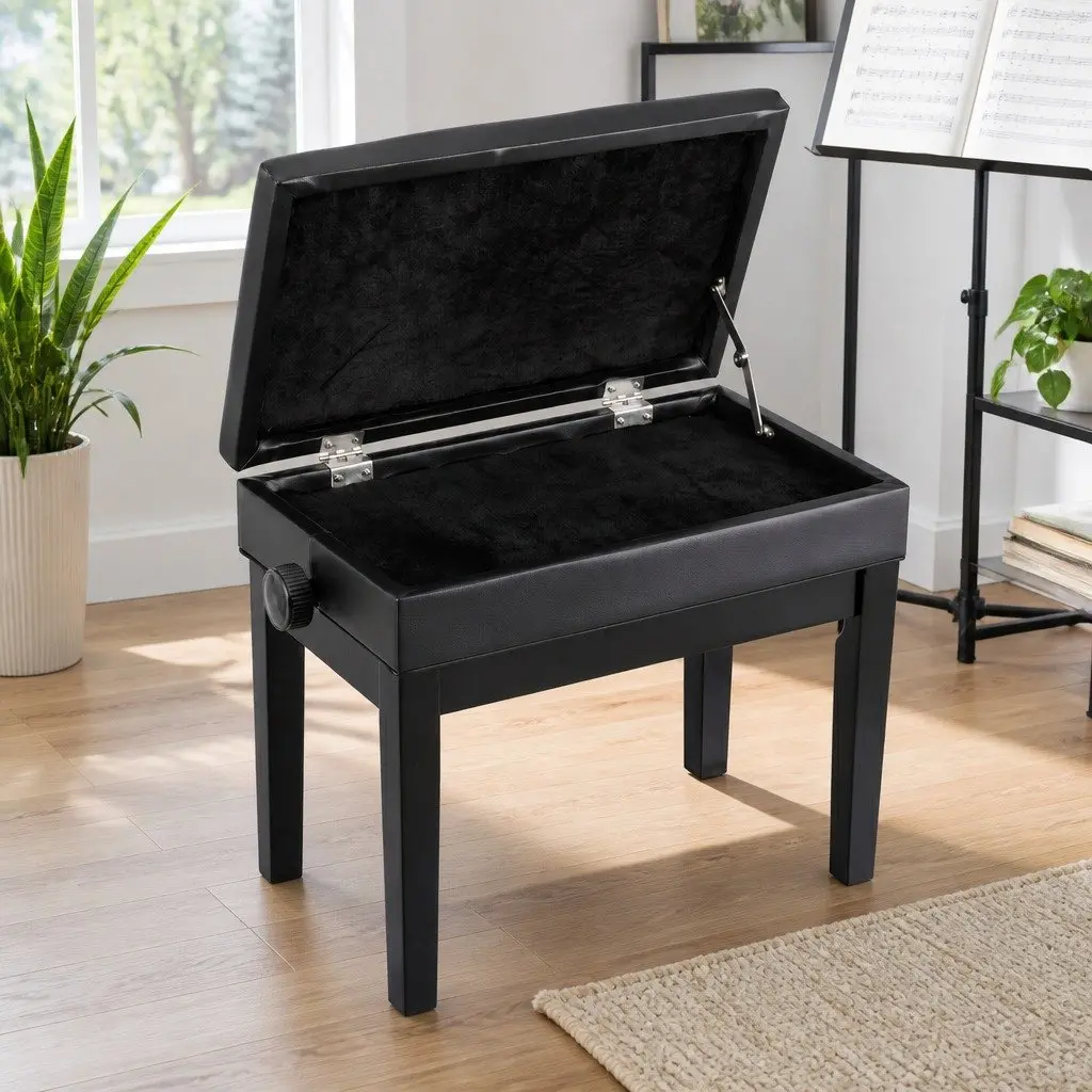 Piano Bench Wooden Adjustable Height Black Padded Music Chair with Storage