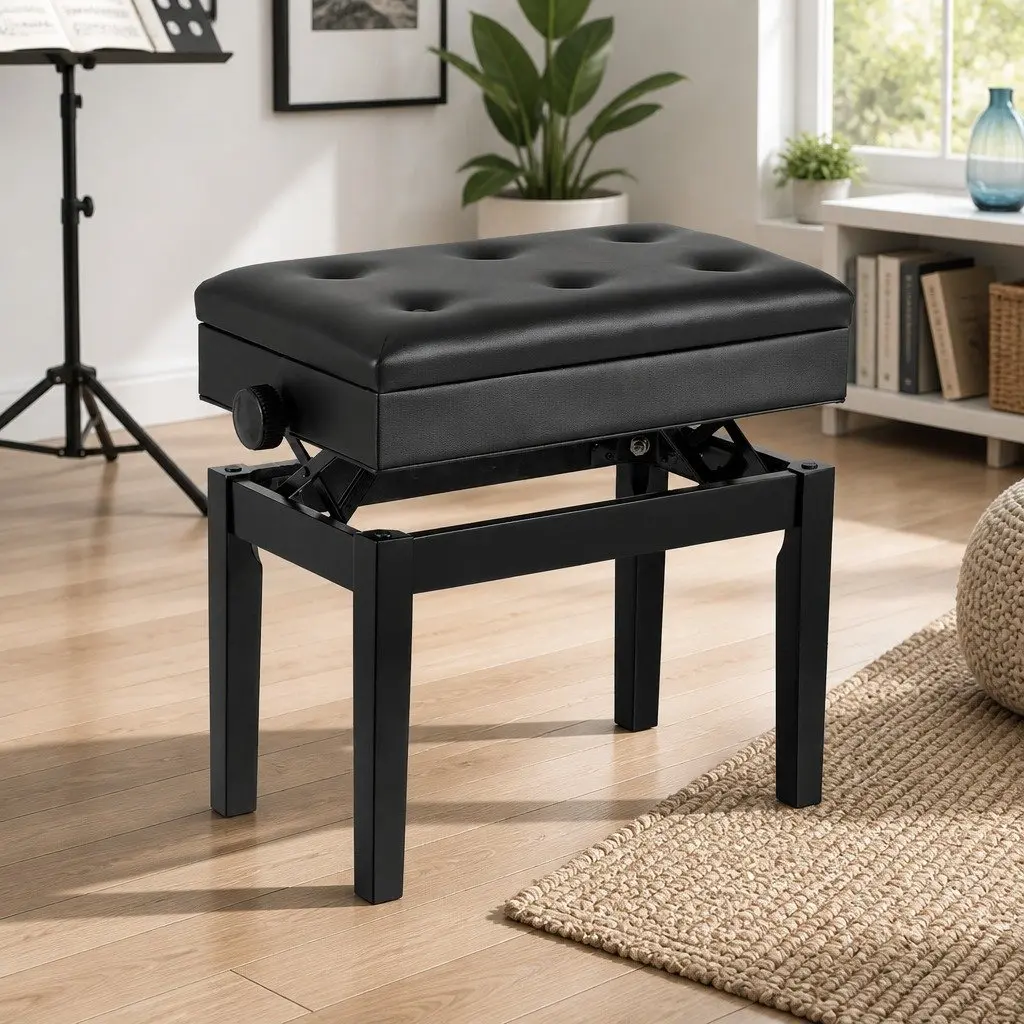Piano Bench Wooden Adjustable Height Black Padded Music Chair with Storage