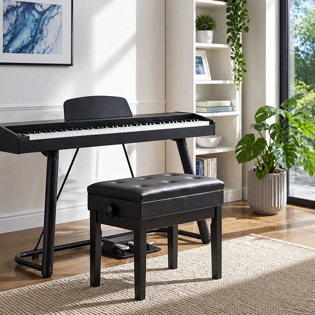 Piano Bench Wooden Adjustable Height Black Padded Music Chair with Storage