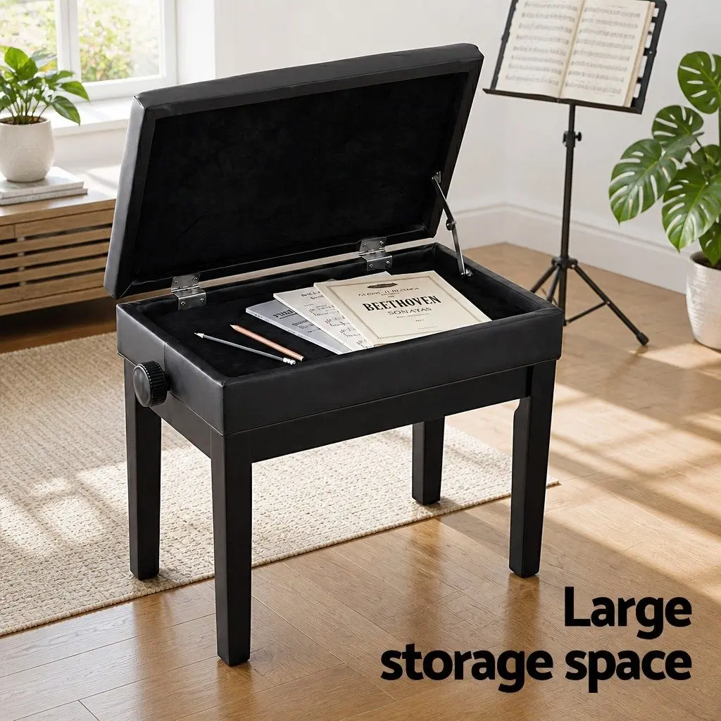 Piano Bench Wooden Adjustable Height Black Padded Music Chair with Storage