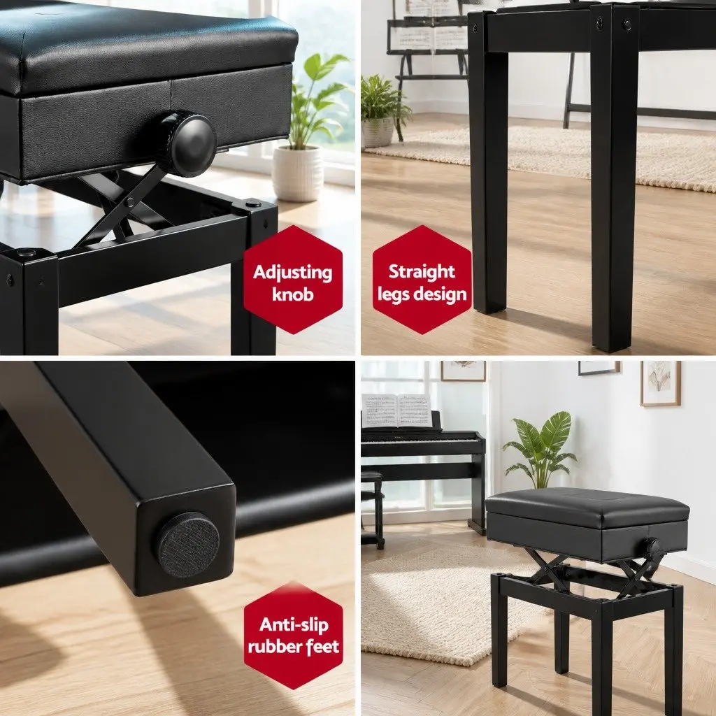 Piano Bench Wooden Adjustable Height Black Padded Music Chair with Storage