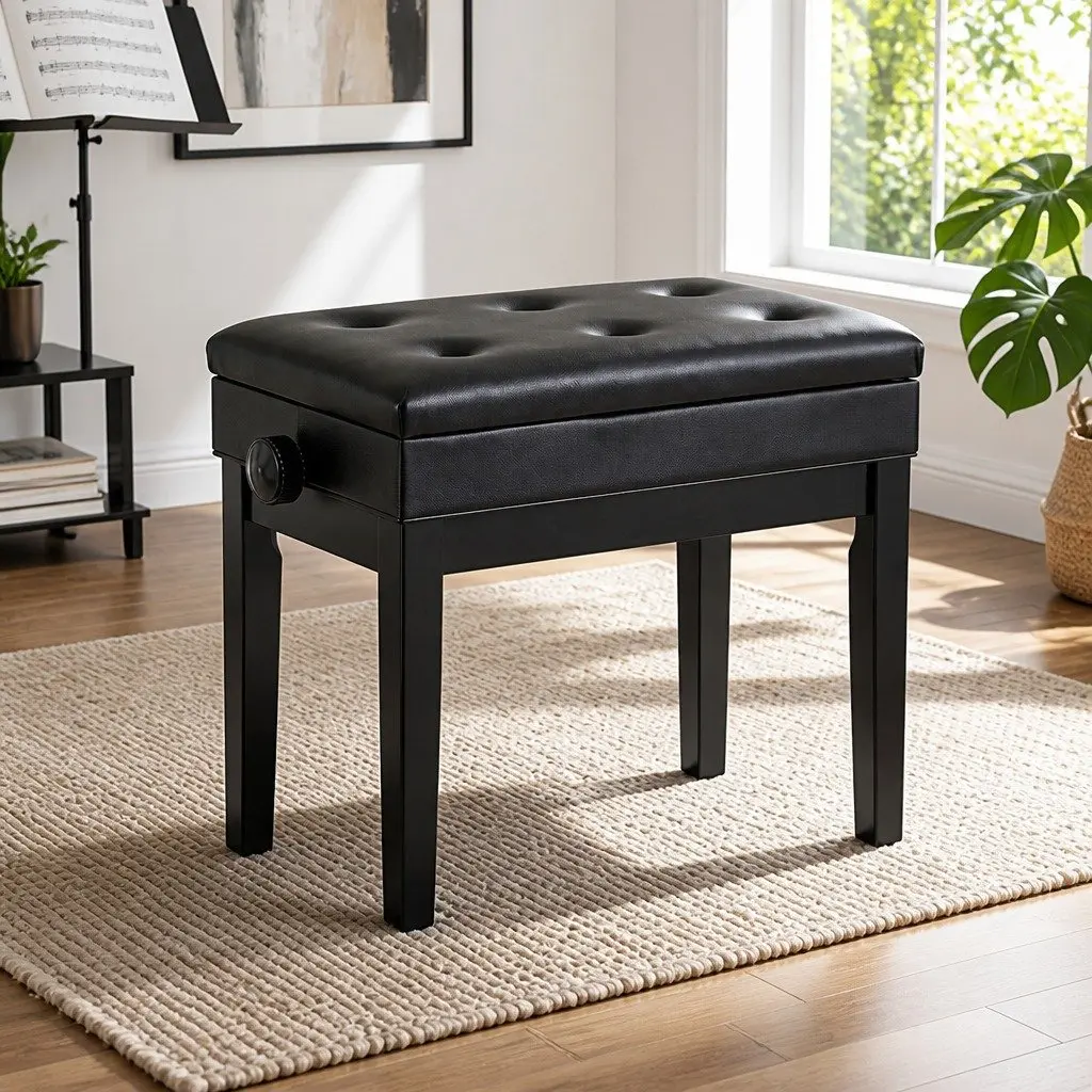 Piano Bench Wooden Adjustable Height Black Padded Music Chair with Storage