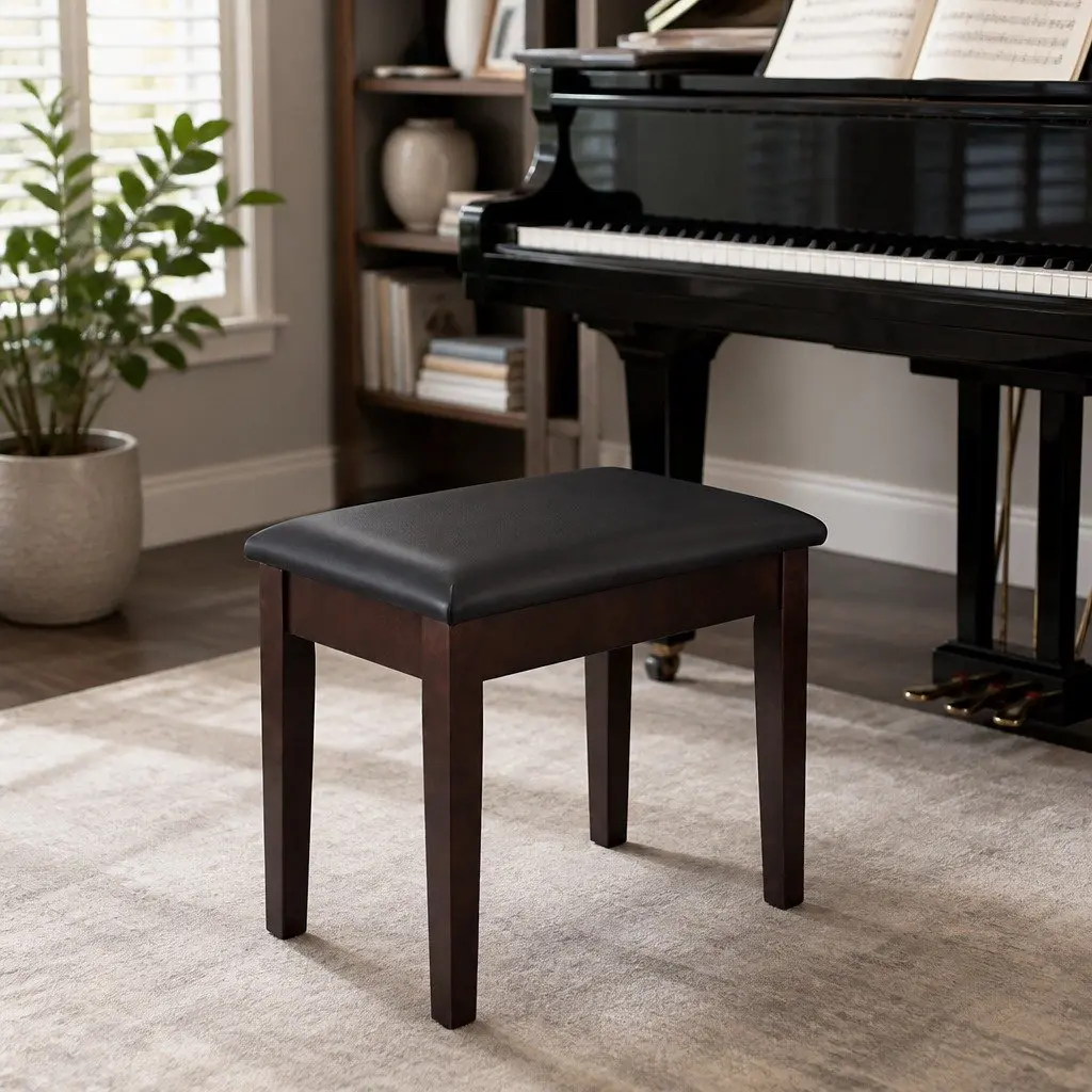 Piano Bench Stool Wooden Frame PU Leather Seat Cushion Brown 55 x 34 x 50cm
