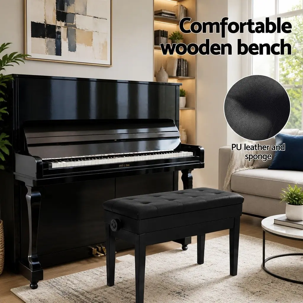 Piano Bench Stool PU Leather Oak Wood Metal Adjustable Height Storage Black