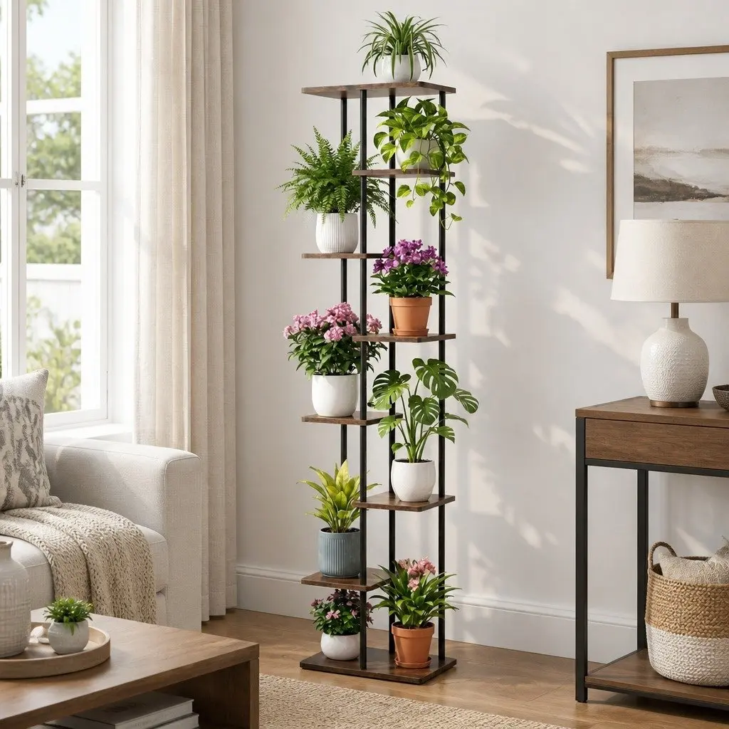 8-Tier Plant Stand Metal Black and Brown Zigzag Shelving Indoor Outdoor Garden Display Organiser