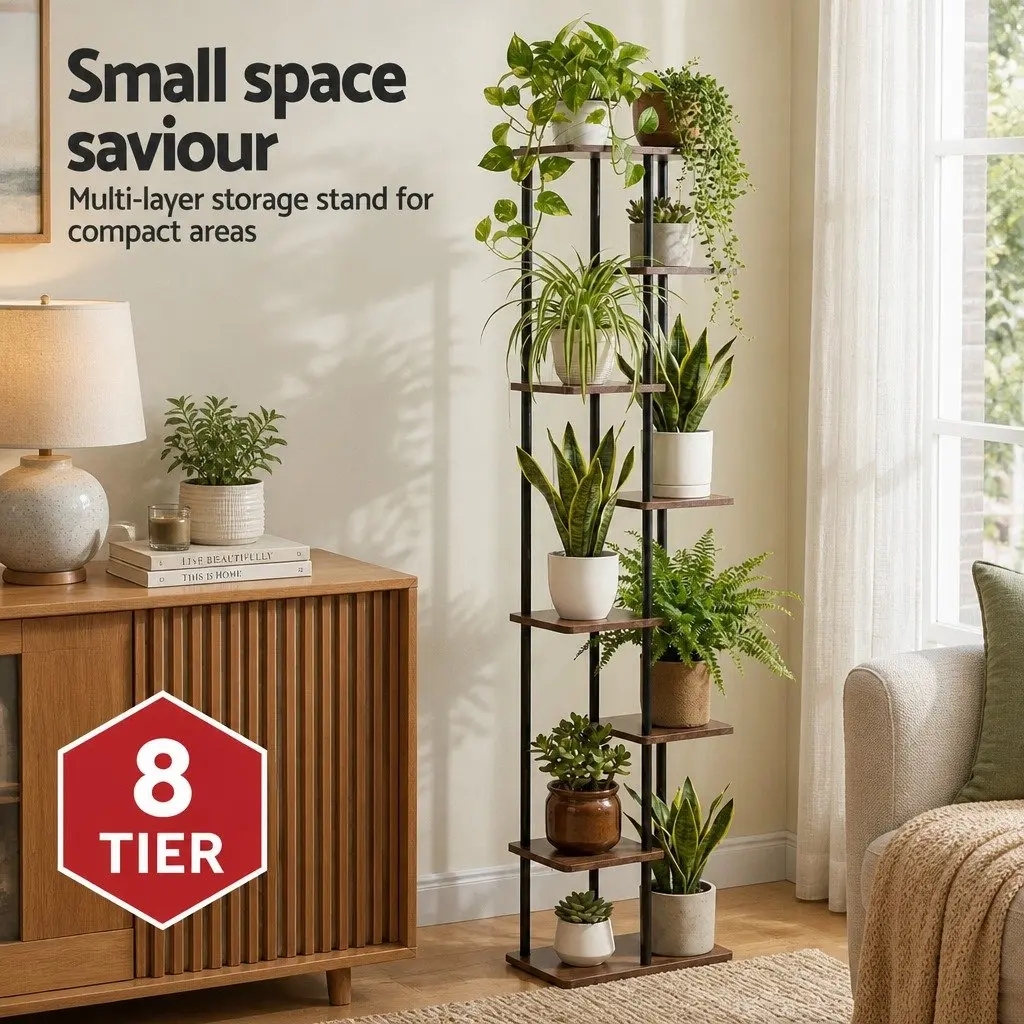 8-Tier Plant Stand Metal Black and Brown Zigzag Shelving Indoor Outdoor Garden Display Organiser