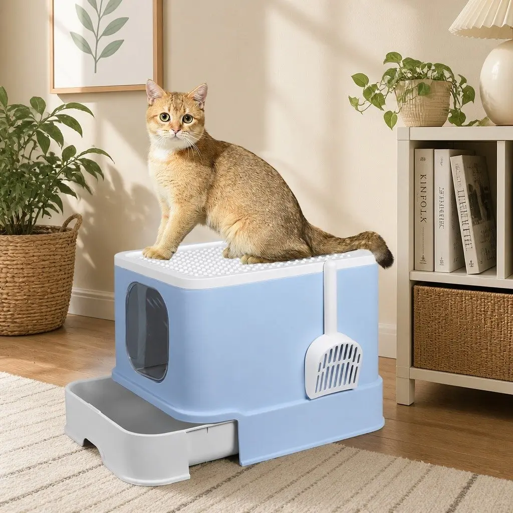 Double Door Enclosed Cat Litter Box in Blue