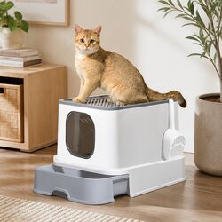 Premium Enclosed Cat Litter Box with Double Doors in Grey