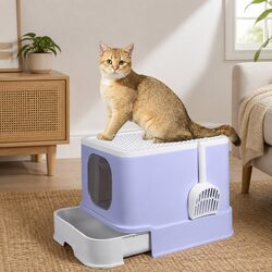 Purple Fully Enclosed Cat Litter Box with Double Doors