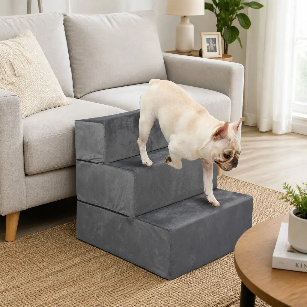 Pet Stairs Terry Cloth Medium Grey 3 Steps Adjustable Climbing Helper for Dogs Cats