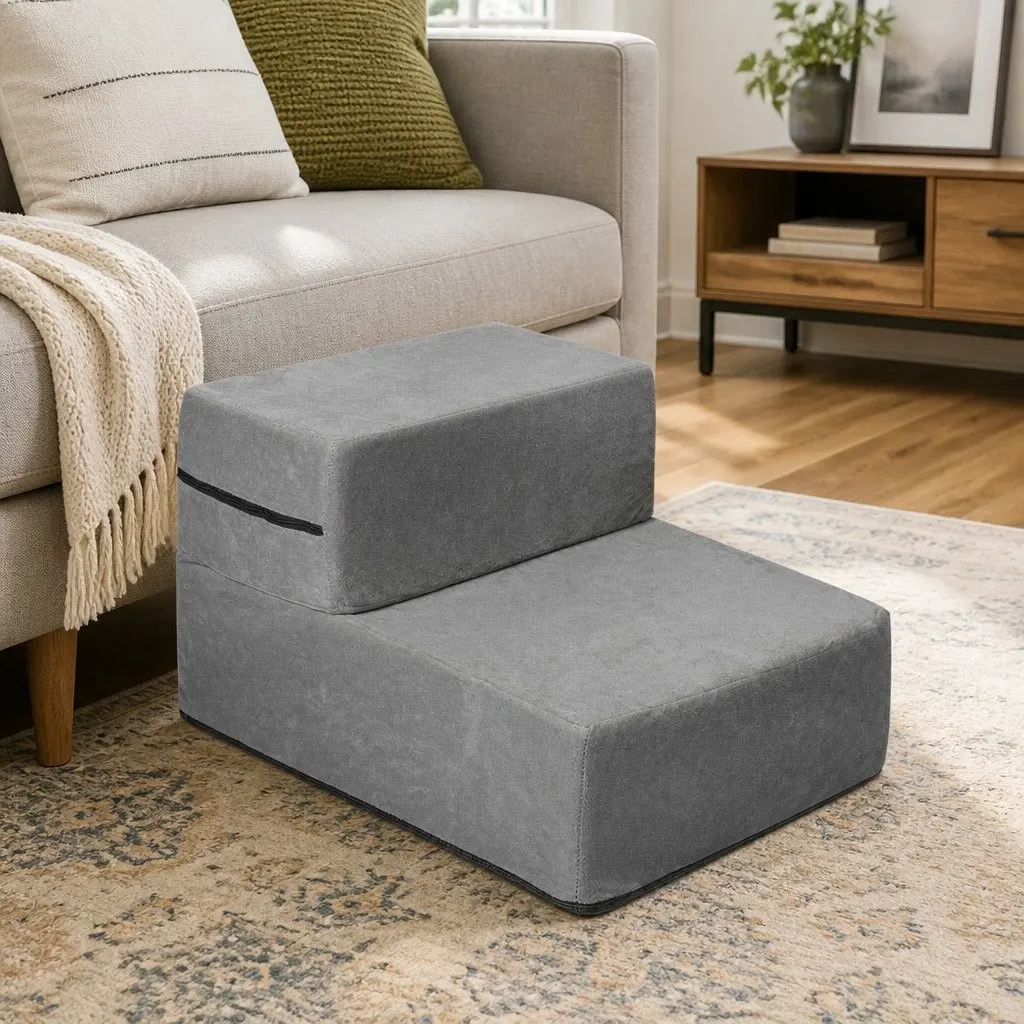 Pet Stairs Flannel High-Density Foam 2 Step Grey