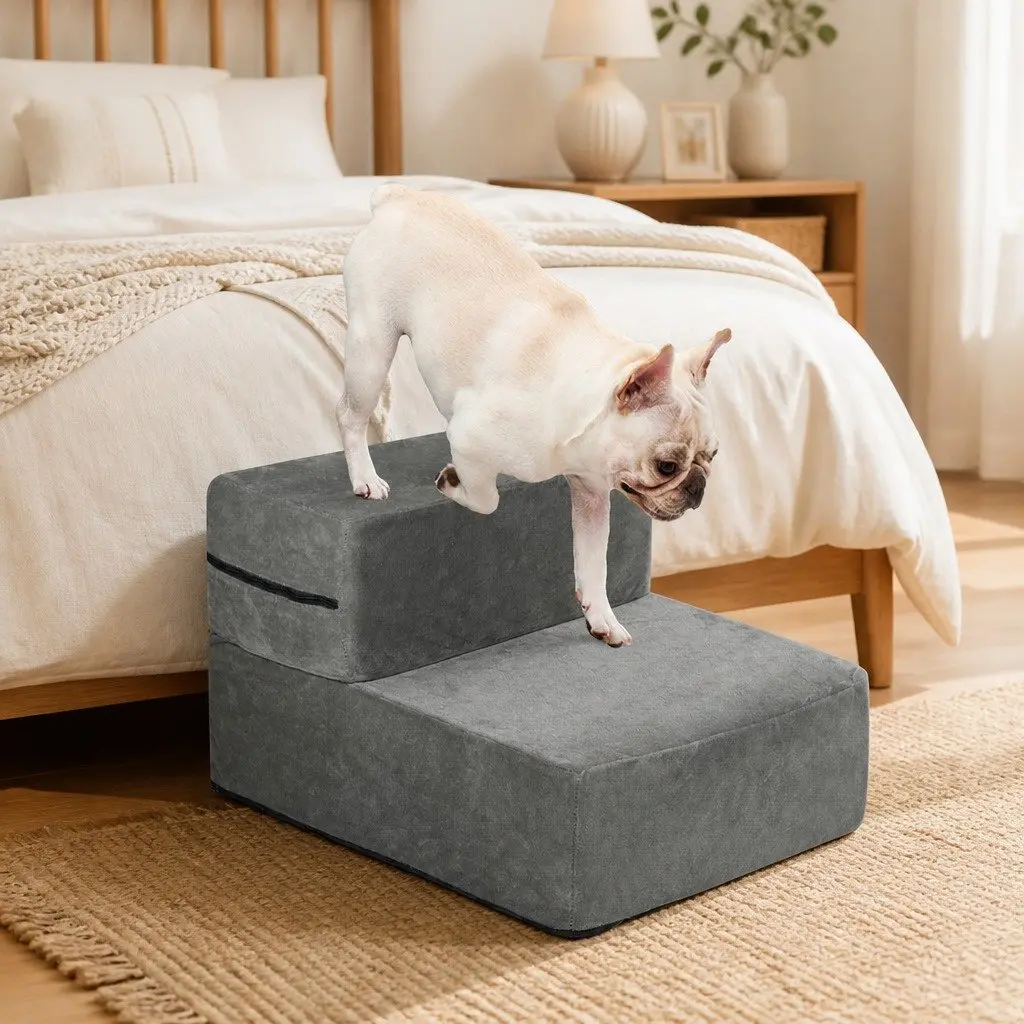 Pet Stairs Flannel High-Density Foam 2 Step Grey