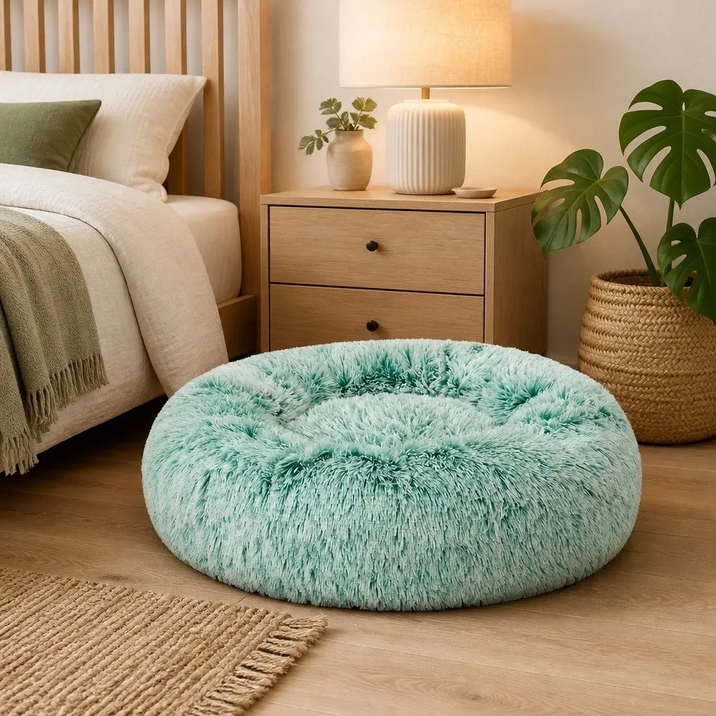 Dog Bed Cover Plush Large Teal Removable Donut Shape