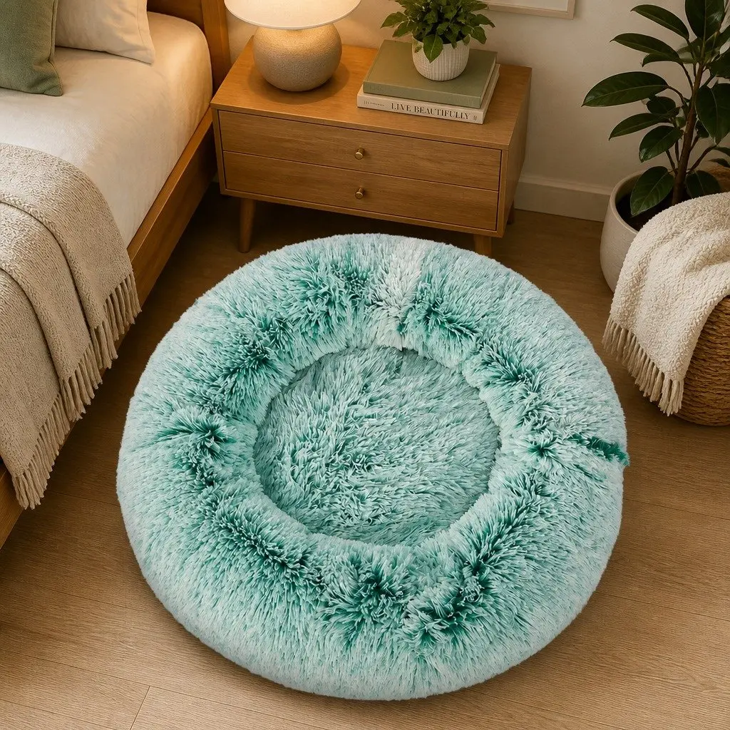Dog Bed Cover Plush Large Teal Removable Donut Shape