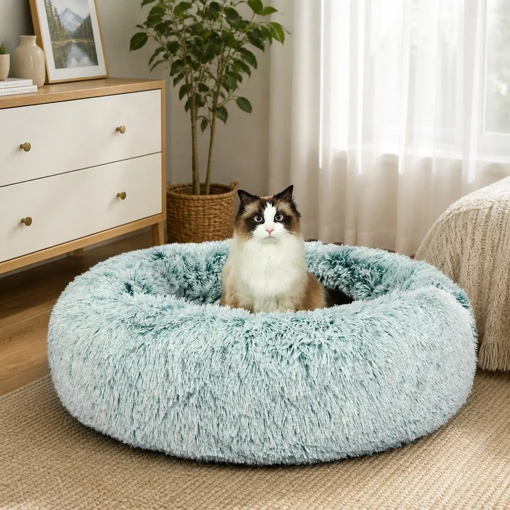 Dog Bed Cover Plush Large Teal Removable Donut Shape