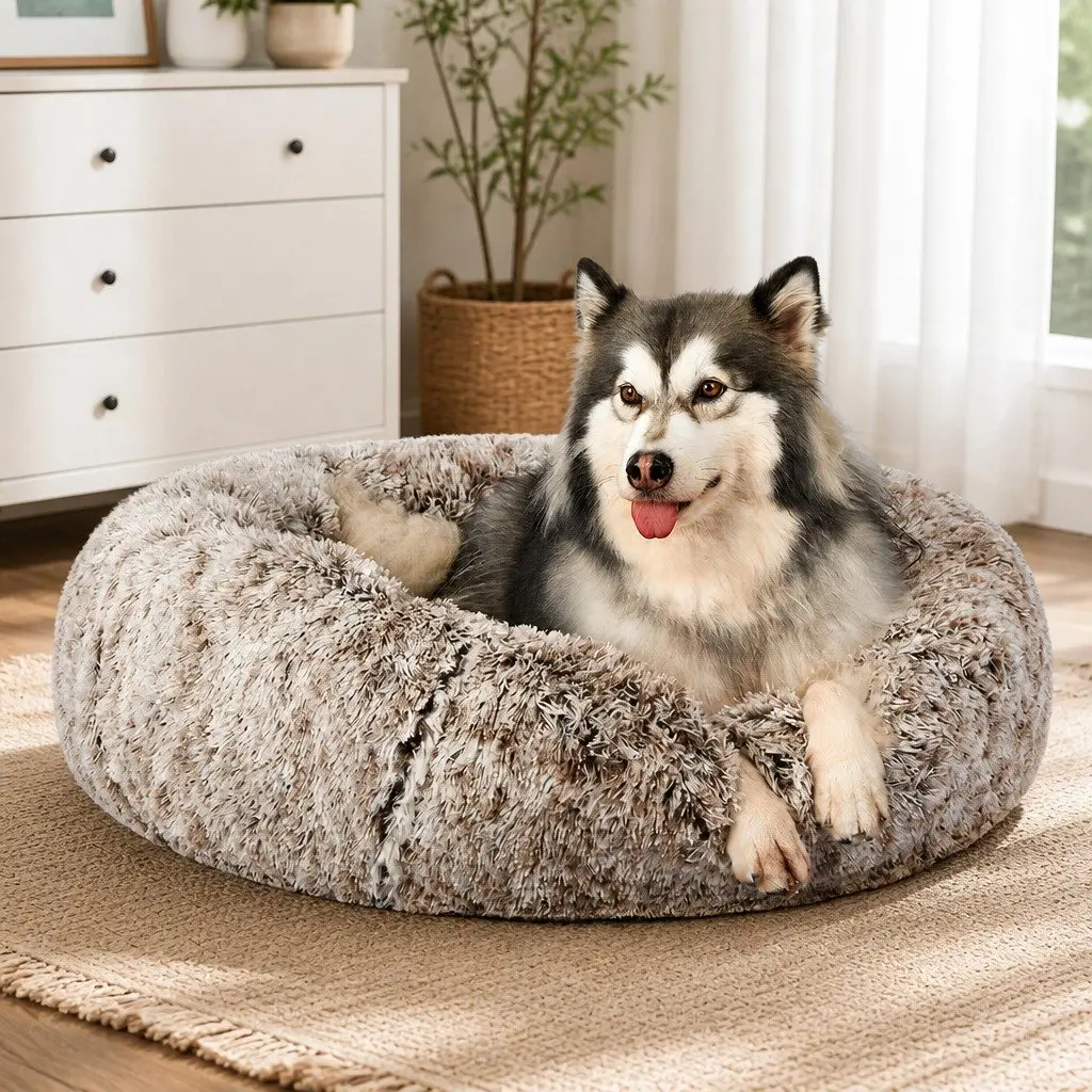 Pet Bed Plush Large Brown Donut Nest Cushion
