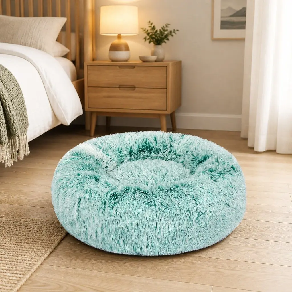 Pet Bed Plush Large Teal Donut Nest Calming Comfort Raised Rim Non-Slip