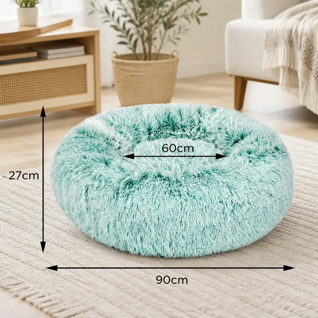 Pet Bed Plush Large Teal Donut Nest Calming Comfort Raised Rim Non-Slip