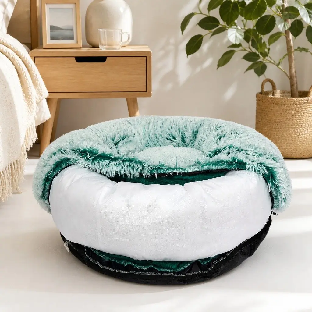 Pet Bed Plush Large Teal Donut Nest Calming Comfort Raised Rim Non-Slip