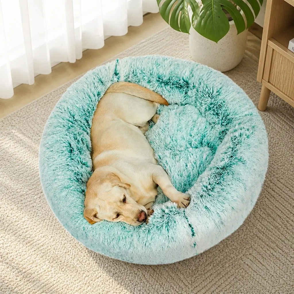 Pet Bed Plush Large Teal Donut Nest Calming Comfort Raised Rim Non-Slip