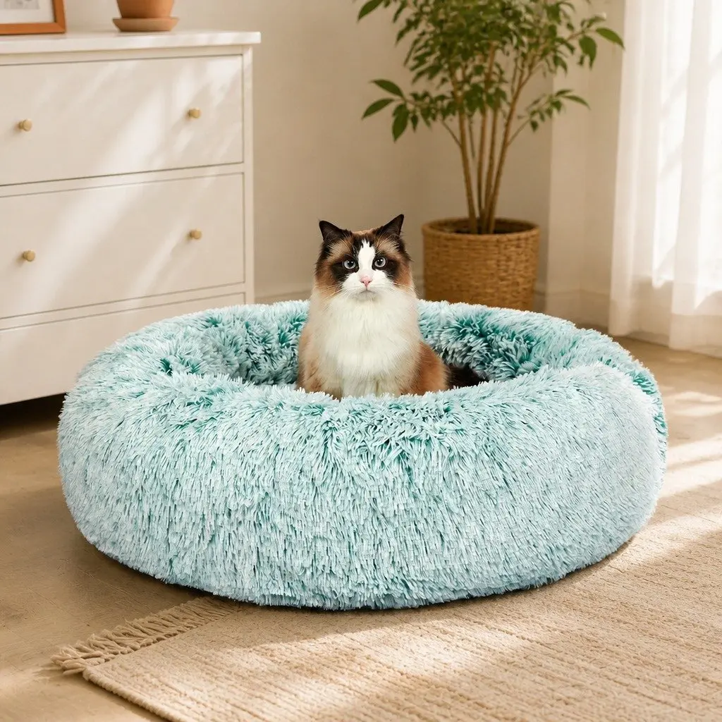 Pet Bed Plush Large Teal Donut Nest Calming Comfort Raised Rim Non-Slip