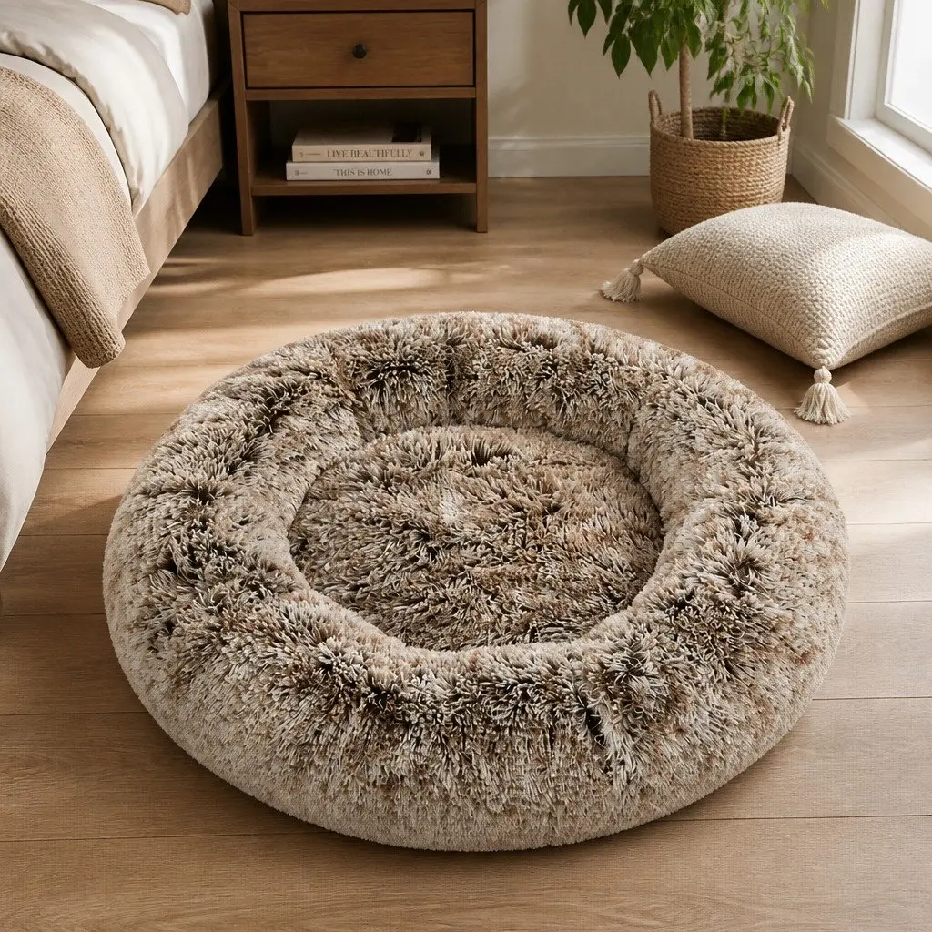 Medium Brown Calming Donut Pet Bed with Non-Slip Base