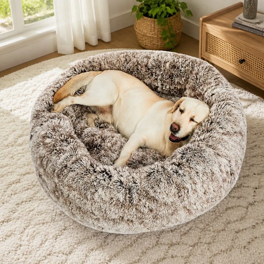 Medium Brown Calming Donut Pet Bed with Non-Slip Base